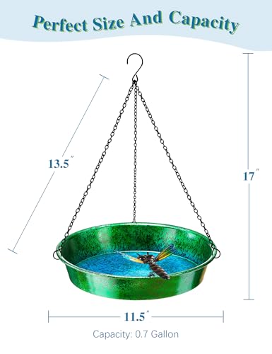 Hanging Bird Bath for Outside, 11.5” Metallic Green & Blue Metal Birdbath Bowl & Feeder with Black Chain Outdoor Garden Yard Decor - color: Metallic Green & Blue