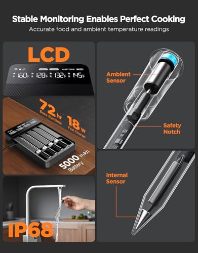 GoveeLife Smart Wireless Meat Thermometer Digital 4 Probes with App Alarm | Stable Bluetooth WiFi Transmission, IP68 Waterproof, Standalone Charge Magnetic Base, Grill Thermometer for BBQ, Smoker, Oven - style: 4 Probe