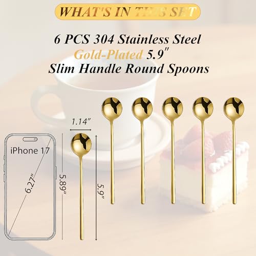 Long-handled Mirror-Finish Small Round Stainless Steel Spoon, Suitable for Scooping Bird's Nest, Honey, Coffee, Milk Powder, Sugar, Cocoa Powder and Other Foods & Desserts (6pcs 5.9", Gold-Plated) - size: 5.9in, style: 6Pcs Gold-Plated