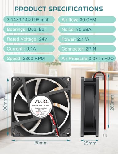 80mm x 25mm DC Brushless 24V Cooling Fan Dual Ball Bearing 2Pin for PC Case Exhaust Electronic Equipment Ventilation - size: 8025