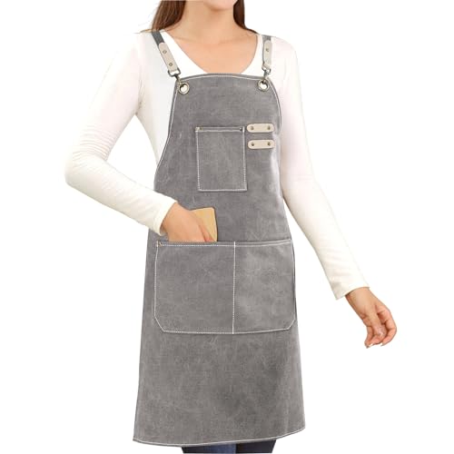 Hongsome Cotton Canvas Cross Back Apron for Art Painting Garden Chef Bartender Work,Women Men 3 Pockets Waterproof M-XXL - color: Grey
