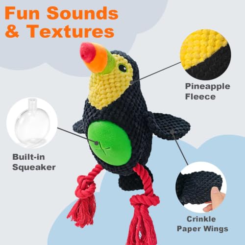 Black Toucan Bird Dog Chew Toy, 10.6 in, Squeaker Rope Treat Toy | Pineapple Fleece, PP Cotton Filled, Nylon Reinforced Rope, Crinkle Paper, Bite Resistant, Interactive Play, Small Medium Dogs - color: Black Toucan
