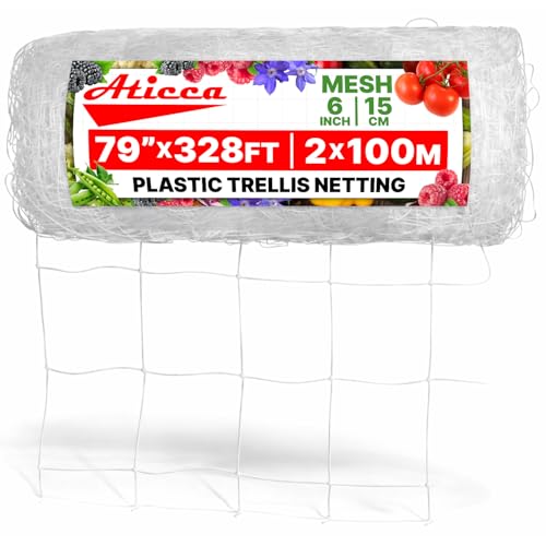 ATICCA Plastic Trellis Netting 79" x 328 ft Heavy Duty Plant Support Netting White - 6 Inch Garden Trellis on Roll - Mesh for Growing Vine Climbing Plants, Flowers, Peas, and Cucumber - size: 79''x328ft Plastic Trellis Netting