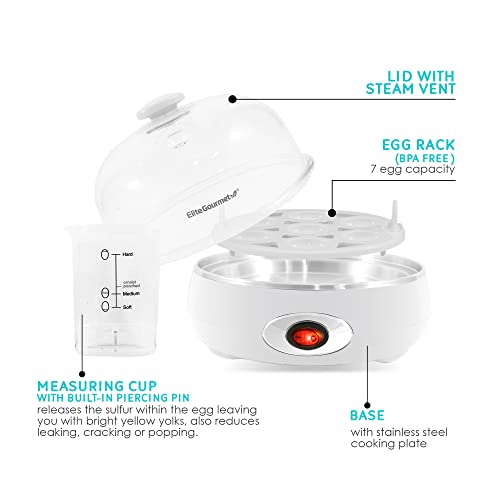 Elite Gourmet EGC322CW Easy Egg Cooker, 7-Egg, BPA-Free, Classic White | Cooks soft, medium, or hard-boiled eggs with auto shut-off - electric operation - includes measuring cup - color: Classic White, size: 7 Egg