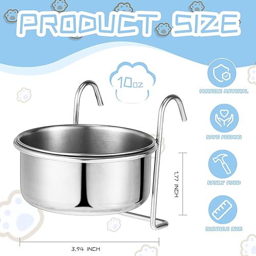 Layhit 6 Pcs 10 oz Kennel Pet Hanging Bowl Stainless Steel Coop Cup with Hanger None Spill Dog Crate Water Bowl Kennel Dog Rabbit Food Dish for Cage Cats Birds Chicken Reptiles