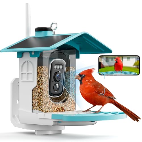 Smart Bird Feeder with Camera, Solar 2K AI Identification, Blue | Dual Solar Power, 32GB SD Included, Squirrel Barrier Tray, IP65 Weatherproof, Instant Bird Alerts, 30-Day AI Cloud Trial - color: blue