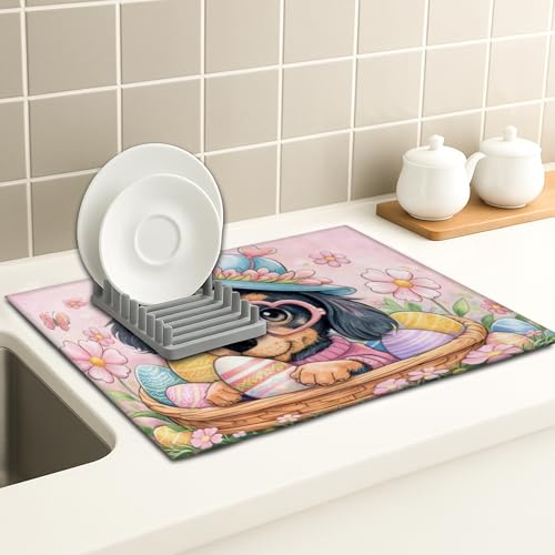 Easter Floral Dish Drying Mats for Kitchen, Cute Dog with Eggs Absorbent Dish Rack Mat, Spring Fanciful Microfiber Drying Pad for Counter Protector 18x24 Inch - size: 24" x 18"