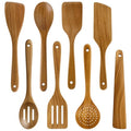 Acacia Wood Kitchen Utensil Set Wooden Spoons for Cooking Turner Spatula | 8 Pcs Best Bamboo Non Toxic Cooking Utensils Scraper Spurtle Kitchen Slotted Cooking Spoon Flat Egg Flipper Wok Spatula Set - color: 8Pcs-Utensils