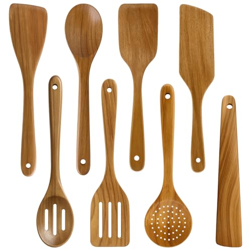 Acacia Wood Kitchen Utensil Set Wooden Spoons for Cooking Turner Spatula | 8 Pcs Best Bamboo Non Toxic Cooking Utensils Scraper Spurtle Kitchen Slotted Cooking Spoon Flat Egg Flipper Wok Spatula Set - color: 8Pcs-Utensils