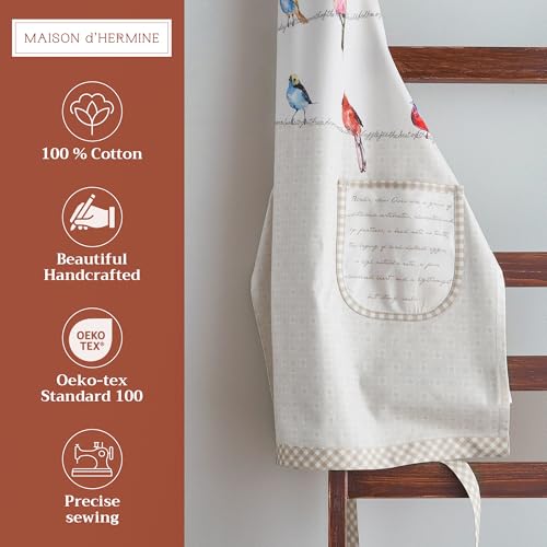 Maison d' Hermine Aprons for women with Pocket 100% Cotton (27.50"x31.50") | Adjustable Neck Strap & long ties Apron Men Chef Wedding Cooking Gardening Server Maid - color: 031 - Birdies on Wire