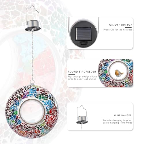VCUTEKA Bird Feeder, Fly Through Mosaic Solar Birdfeeder for Garden Decor | 8" Mosaic Bird Feeders for Outside Hanging Round Shape Glass Container to Attract More Wild Bird Feeders for Bird Lovers - color: Multi