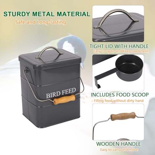 Bird Seed Storage Container Airtight,5~6LB Metal Bird Food Container with Scoop,Wild Birds Feed Tin for Storing Sunflower Seed-Ideal for Outdoor or Indoor-Squirrel proof-Gray - color: Gray