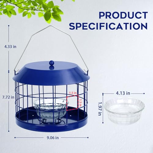 Gbekery Caged Bluebird Feeder for Mealworms with Glass Bowl, Squirrel Proof Bird Feeder for Small Birds Only, Detachable Hook, Large Space, Outdoors Weatherproof, Metal, Blue - style: Blue Glass Bowl