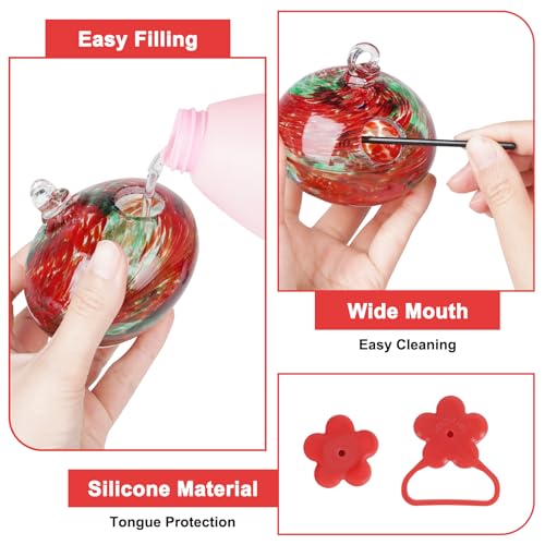 Pozfun Set of 2 Hummingbird Feeders for Outdoors Hanging,Hand-Blown Glass Hummingbird Feeder with Silicone Feeding Perch,Never Leak,Gardening Gifts for Woman Man - color: Phoenix Tail Red
