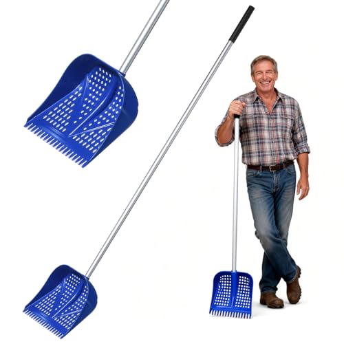 11.8inch Heavy Large 2-in-1 Chicken Poop Scooper & Rake,Adjustable Aluminum Handle（20–61"） Chicken Coop Scoop– Litter Scoop Sand & Sifting Shovel for Chicken Coops(Blue) - color: Blue