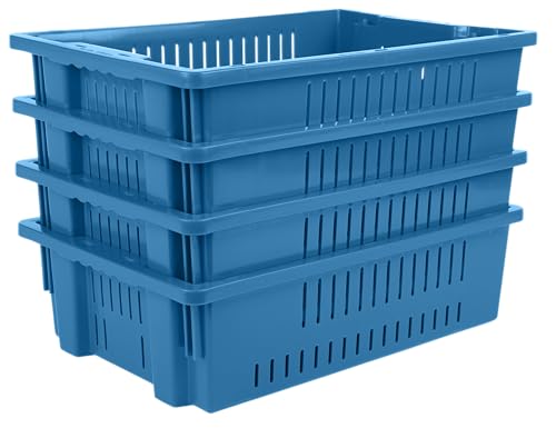 Hudson Exchange 20 x 13 x 5.6" (4 Pack, 4.5 Gallon) Agricultural Nest and Stack Vented Crate Handled Storage Container Tote, Blue - color: Blue