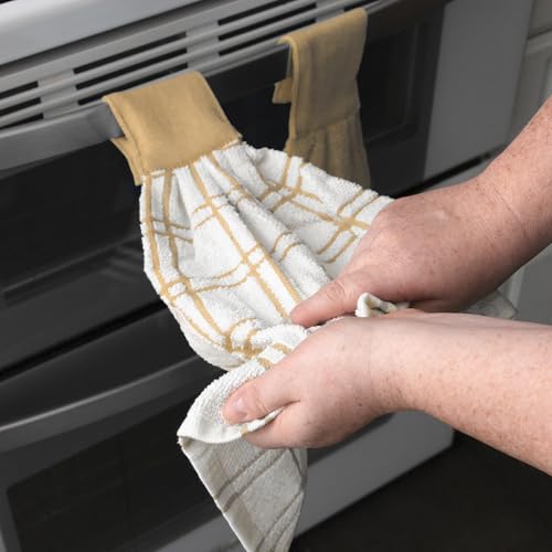 Ritz Premium 100% Cotton Solid and Multi Check Kitchen Tie Towel Absorbent, Super Soft, and Fast Drying Hang Towel, Set of Three, Straw - color: Straw, size: Solid & Multi Check - 3 Piece