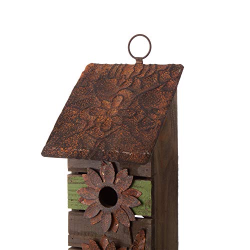 Glitzhome 14.5" H Wooden Bird House Hanging Two-Tiered Distressed with Flowers Decorative Garden Birdhouse,Green - color: 14.45"H