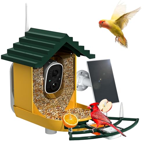 Smart Bird Feeder with Camera Solar Powered & AI Bi rd Identification, 2.4Ghz WiFi Bird feeders for Outdoors, 2K Live Video, Instant Arrival Alerts-Green-Yellow - color: Green-Yellow