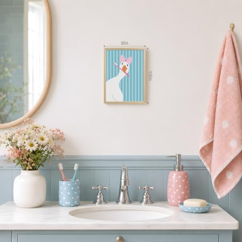 GELDSTEI Wood Framed Funny Brushing Teeth Goose Bathroom Wall Art 8x10 in | Funny Soft Tone Wall Decor, Pink Bow and Toothbrush Goose Art Print, Bathroom Decor for Nursery and Powder Room - color: Goose, size: 10"L x 8"W