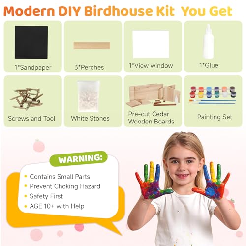 Modern Birdhouse Woodworking Kit, Natural Cedar Wooden birdhouses for Outdoors with Paint Set, Creative DIY Birdhouse Gift, Build Your Own Bird House Kit