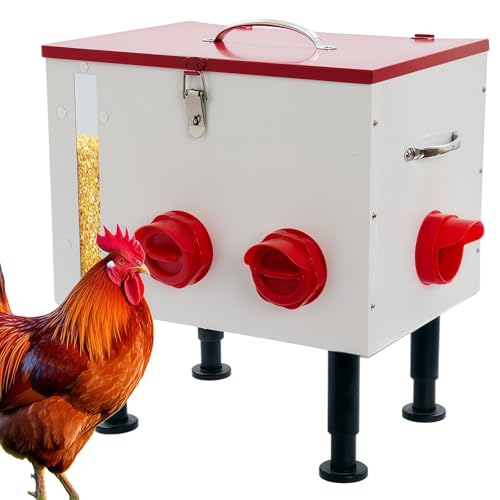 60LB Large Automatic Chicken Feeder with Viewing Window, 7 Port No Waste Design,Rodent Proof Metal Chicken Feeder with Adjustable Height Legs and Safety Latch, Suitable for Outdoor Coops.