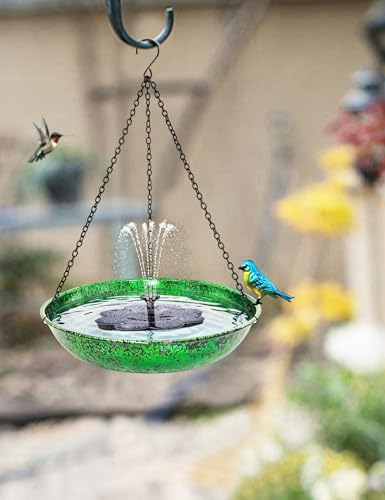 Hanging Bird Bath for Outside, 11” Metallic Green & Blue Metal Birdbath Bowl & Feeder with Black Chain Outdoor Garden Yard Decor (0.5 Gallon) - color: Metallic Green & Blue
