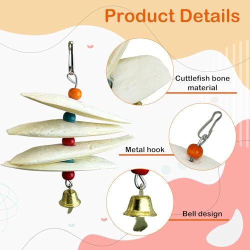 3 Pack Bird Chewing Toy Cuttlebone Parrot Toy with Bell Hanging Bird Beak Grinding Stone Parakeet Cage Accessories for Small Budgies Lovebirds Cockatiels (Flake, 4 Per Skewer) - size: 4 Flake-like
