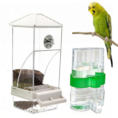 Automatic No Mess Bird Feeder Water Dispenser Set | Acrylic Transparent Parakeet Cage Accessories Bird Feeder and Waterer in Cage for Small and Medium Cockatiel Finche Lovebird - color: White + Green