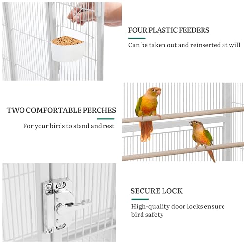 DWVO 53.9-Inch Metal Bird Cage: Large Parrot Cages with Seed Catcher & Cover - Rolling Stand with Brakes for Parakeets, Lovebirds, Cockatiels, Finches and Pigeons - color: White, size: 24.0"L x 16.9"W x 53.9"H