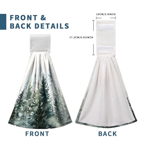 Watercolor Green Tree Hanging Hand Towels Christmas Pine Tree Kitchen Tie Towel Rustic Nature Forest Hand Towels with Hook Loops Winter Hanging Kitchen Towel Fast Drying Dish Tea Towels, 2pcs - color: Green Tree
