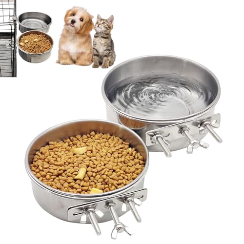 Hamiledyi 2 Pcs Dog Crate Bowl Stainless Steel Puppy Bowls Durable Spill-Proof Pet Water Bowl Hanging Water/Food Metal Bowls for Puppy Medium-Sized Dogs Cats (5.51'' x 2.2'') - size: S (30 OZ×2)