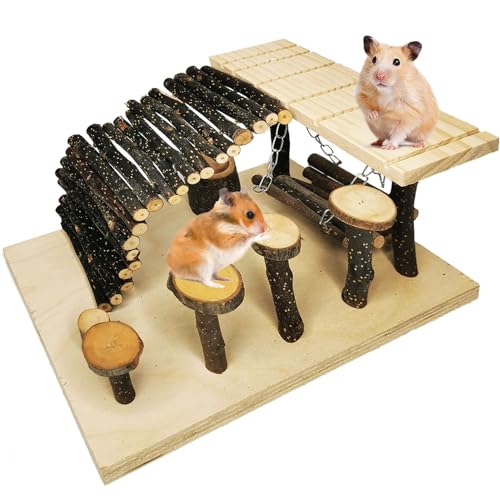 kathson Hamster Playground, Wooden Hamster Climbing Toys Activity Platform Set with Ladder Ramp Bridge Bowl Swing Cage Accessories for Gerbil Chinchilla Mouse Rat