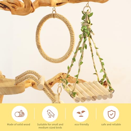 Natural Solid Wood Bird Perch Stand for Small & Medium Birds – Eco-Friendly, Sturdy Parrot Playstand with Hanging Toys & Rope Ring, Safe & Durable Bird Cage Accessory (WOOD-A1003) - color: WOOD-A1003