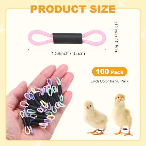 M METERXITY 100-Pack Adjustable Chick Leg Bands, 1.38" x 0.2" Polyester Chicken Leg Brace for Chicks/Ducks/Birds [Mixing 5 Colors - A] Poultry Leg Bands - color: Pink/Purple/Yellow/Blue/Green