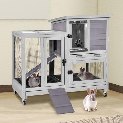 2-Story Rabbit Hutch Indoor Bunny Cage Outdoor Guinea Pig House with Wire Mesh Floor, Leak-Proof Trays, Lockable Wheels for Rabbits, Guinea Pigs, 40.6" L x 26" W x 37.6" H