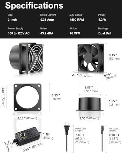 GDSTIME Small Axial Exhaust Fan 80mm 12V DC Fan with AC Plug, 3 Inch Flange | Dual Ball, Variable Speed Control, for Soldering, Smoke Extraction, 3D Printer, DIY Cooling Ventilation Exhaust Projects - style: 8025 Fan + 1 Flange