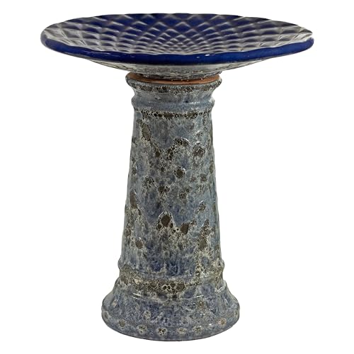 Sunnydaze Outdoor Ceramic Bird Bath, 22.5” H, Glazed Bowl, Blue Lava Finish | 2-Piece Birdbath, 6 Cup Water Capacity, UV & Frost-Resistant, Easy Assembly, Shallow Bird Bath Bowl with Pedestal for Garden - style: Blue Glazed with Lava Distressed Pedestal