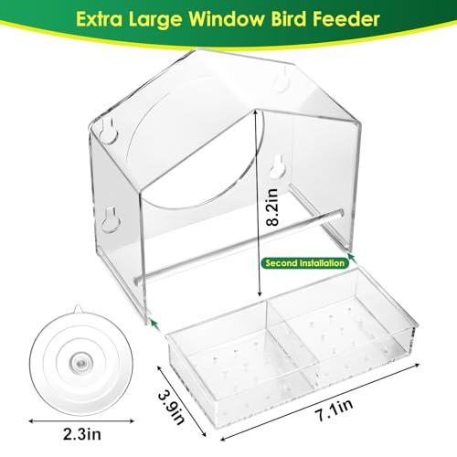 Window Bird Feeder with Strong Suction Cups - Slide-Out Tray | House shaped clear acrylic, 2.36" large suction cups, bird feeder for window viewing, relaxing cat TV gift for moms - color: Clear
