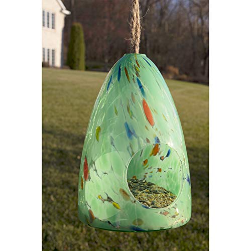 CLEVER GARDEN Glass Bird Feeder, Hanging Outdoor Decoration for Wild Birds, Green Chunky