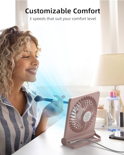 Koonie USB Desk Fan, Strong Wind Ultra Quiet Small Mini Fan | 220° Tilt Folding & 3 Speeds Adjustable, USB-C Powered Personal Fan for Home Office Desktop, Pink, NO BATTERY - color: Pink, size: 5.7 inch