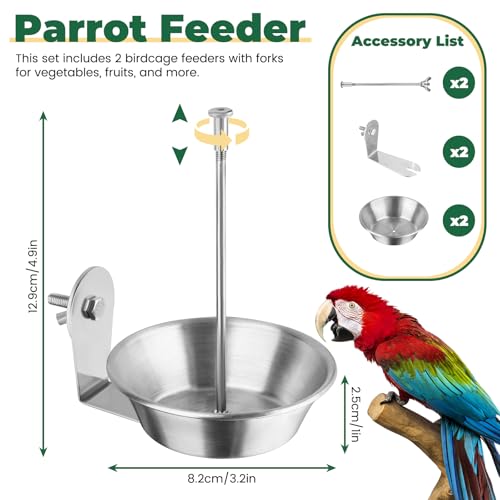 2 Pack Bird Cage Feeder with Skewer for Vegetable & Fruit, Parrot Treats Food Holder with Bowl Dish, No Mess Budgie Parakeet Cockatiel Foraging Toys Cage Accessories