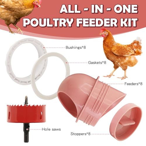 Chicken Feeder No Waste Automatic Gravity Feed 8 Ports with Drill Bit Kit - color: Pink and White