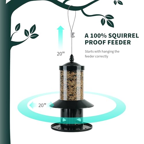 Squirrel Proof Bird Feeder - 360° Feeding Perch Tray for Outdoor Hanging Wild Bird Seeds, Dark Green. - color: 11"H Dark Green