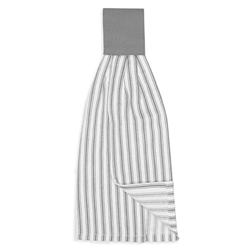 Alloy Gray and White Ticking Stripe Hanging Kitchen Dish Hand Towel Cotton with Button Accent, Set of 2 - color: Alloy Gray
