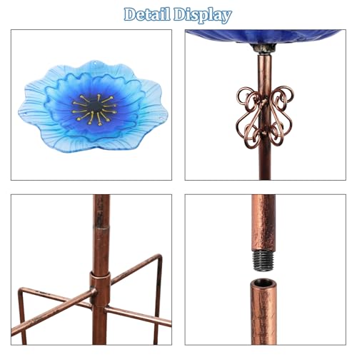 hogardeck 2 in 1 Floral Glass Bird Bath & Feeder - Hanging or Freestanding Outdoor Bird Bath with Sturdy 5-Pronged Base for Garden, Patio, Yard, Lawn Decor