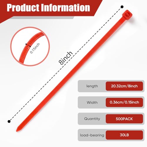 Zip Ties, 500pcs Red Zip Ties 8 Inch, Plastic Ties Small Zipties Cable Tie Wraps, Multi-Purpose Cable Management Ties, Self-Locking Ziptie for Office and Home(Can bear 30lb) - color: Red, size: 8" (500 Pack)