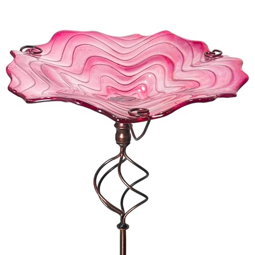 Bird Baths for Outside,12" Small Pink Glass Birdbaths Outdoor,Detachable Bird Feeder with Metal Stake for Garden Yard Patio Decor,32" Height - color: Pink with Stake