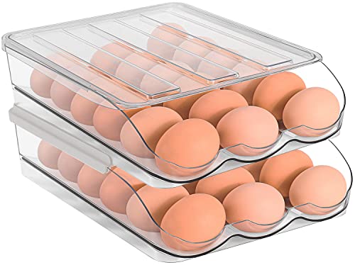 Sooyee 2 Layer Ramp Type Auto Rolling Egg Holder Storage Container for Refrigerator Organizer,Large Egg Container Bin,Clear - size: 2 Layer