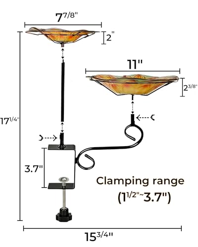 Glass Deck Mounted Bird Bath with Feeder for Balcony Yellow | Adjustable Clamp Fits Various Railings, 11" Bowl for Bird Lovers on Patios & Small Outdoor Spaces, Easy Setup, Great Gift